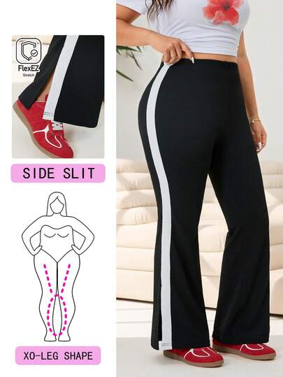 Solflare Trang phục thường ngày mới mùa Xuân/Hè, phù hợp cho các bữa tiệc, đi làm, đám cưới, lễ hội âm nhạc, tựu trường, lễ tốt nghiệp, kỳ nghỉ, thời trang đường phố, khám phá, dạo phố, đa năng, có thể mặc ngoài hoặc mặc lớp, chất liệu dệt kim co giãn cao, xẻ tà bên, phối sọc đen trắng, ống loe ôm sát, quần cỡ lớn.