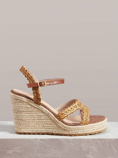 Styleloop Women's Platform Wedge Sandals, Fashionable Solid Color Woven Casual Thick Bottom Wedge Sandals, Bohemian Vacation Retro Canvas Wedge Ankle Strap Sandals, Western Style, Music Festival Party Outfit, Spring Summer Shoes Spring Break Easter