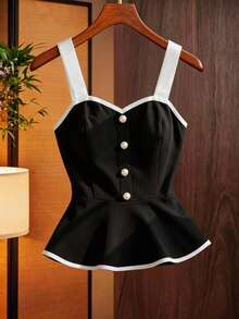 Franclia Camiseta de tirantes para mujer con ribete blanco y negro - Negro - Ver 6