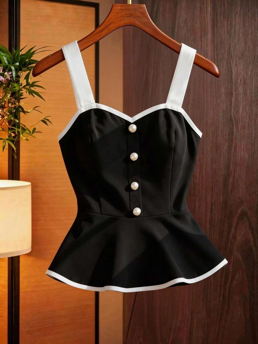 Franclia Áo hai dây nữ màu đen viền trắng - màu đen - Xem 1