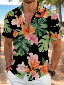 VIVINTIMO 男士热带植物印花短袖衬衫 - 黑色 - 查看 5