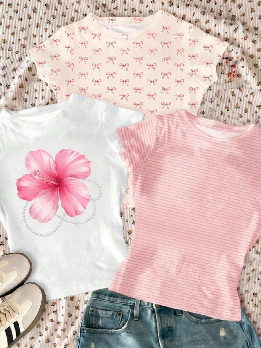 Teen Girl Floral, Bow, Striped Print Casual Short Sleeve T-Shirt - White - View 1