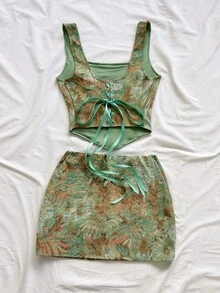 Soleia 女士复古蓝色宫廷风彩色花卉提花两件套：纽扣前开襟系带抹胸上衣，迷你裙，春夏款 - 綠色 - 查看 2