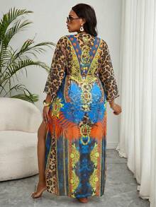 Slaydiva Kimono Panjang Model Ikat Pinggang Motif Leopard Blok Warna Ukuran Plus - MultiWarna - View 3