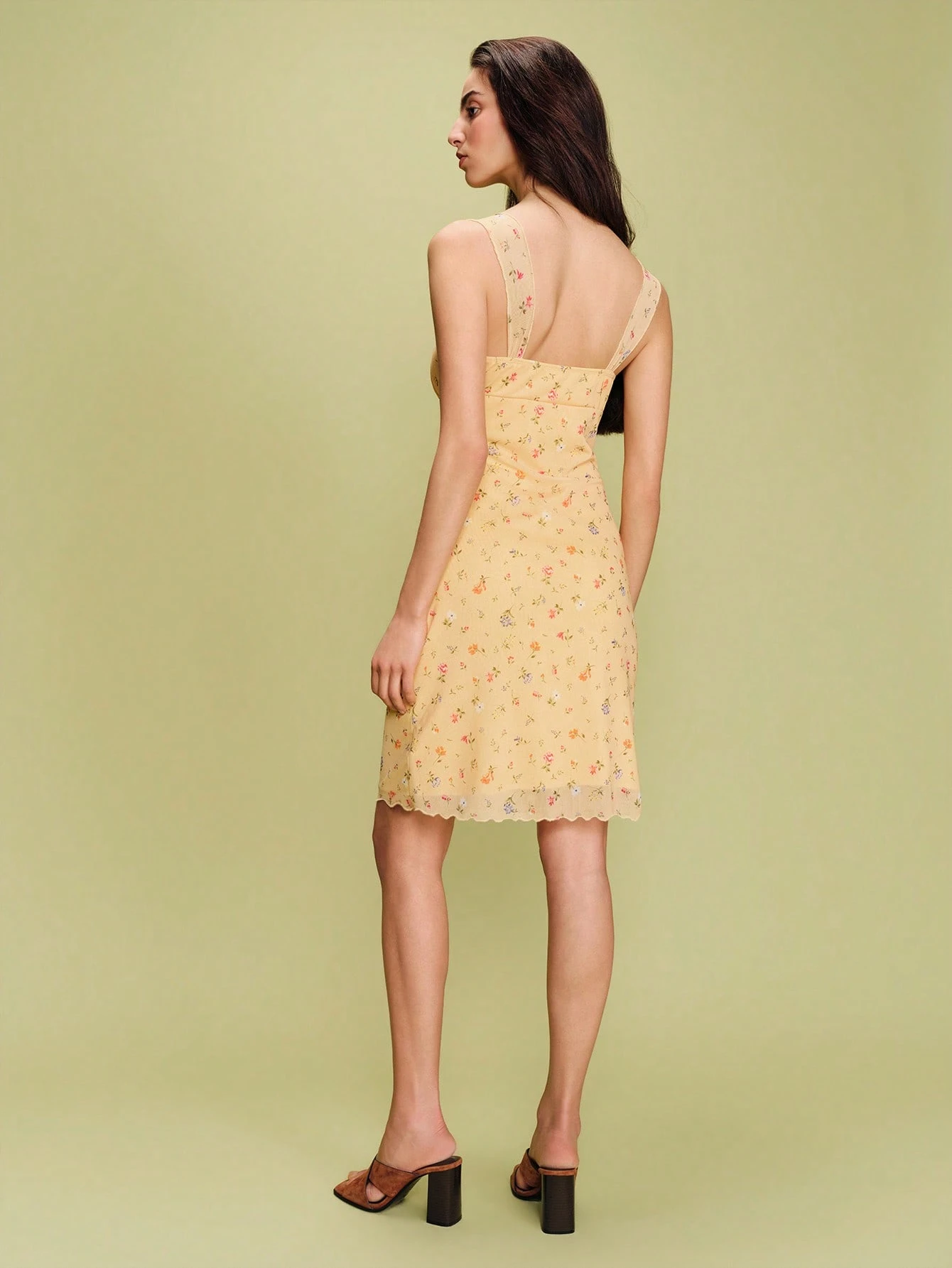 Yellow Floral-Print Mesh Midi Dress With A Straight Cut And Tie-Detail Spring Summer Cute Vacation Dress Holdiay Dress Going Out French Style Parisian Style