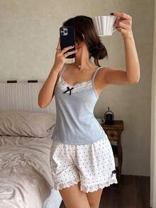 Napfluff Contrast Color Lace Patchwork V-Neck Camisole Top And Polka Dot Printed Ruffle Hem Shorts Pajama Set - Multicolor - View 7