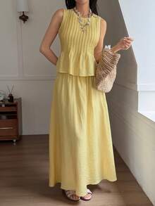 DAZY Bộ 2 món gồm áo không tay và chân váy dài cho nữ, kiểu dáng nghỉ mát, thích hợp cho mùa xuân/hè. - Màu vàng - Xem 7
