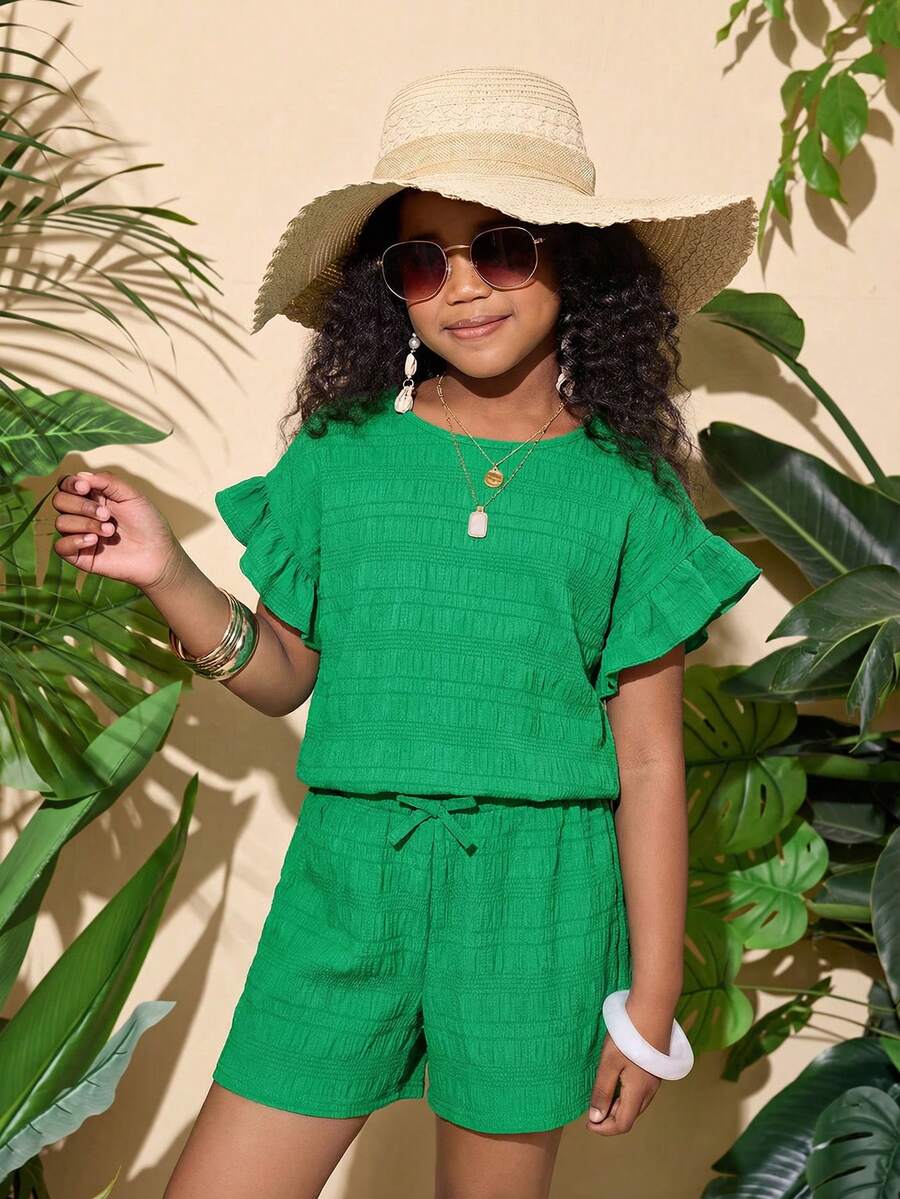 2pcs Tween Girls Casual Vacation Set: Short Sleeve Top & Elastic Waist Shorts - Green - View 1