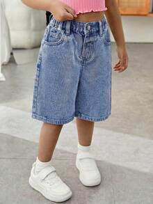 SHEIN Young Girl Cherry Pattern Pocket Casual Denim Shorts - Medium Wash - View 6