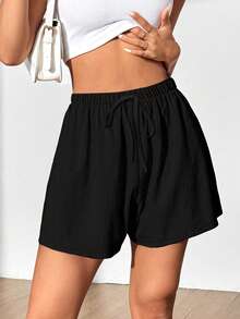 EMERY ROSE Plus Size Women Solid Color Drawstring Waist Casual Versatile Daily Wear Shorts - Black - View 3