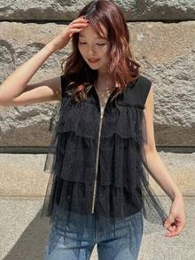 FRIFUL Women's T-Shirt With Zipper, Layered Mesh Design, Loose Casual Versatile Summer, Suitable For Vacation And Music Festivals - Black - View 6