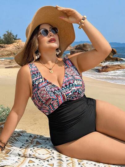 Swim Lushoire Plus Size Women Geometric Print Ruched One-Piece Swimsuit