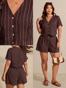 Elaquor Plus Size Sommar Casual Pendling Randig Skjorta Och Shorts 2-delat Set - Brun - Visa 1