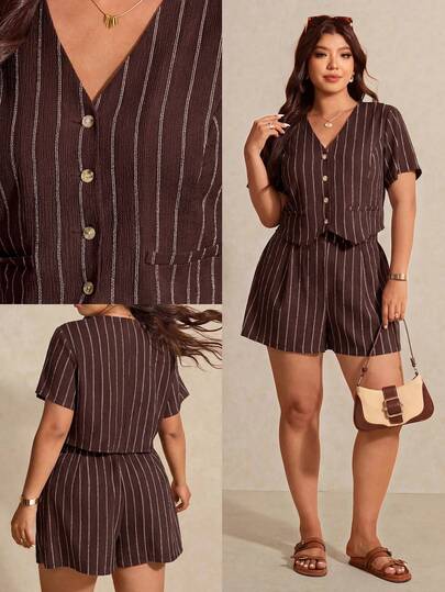 Elaquor Plus Size Summer Casual Commute Striped Shirt And Shorts 2 Pieces Set