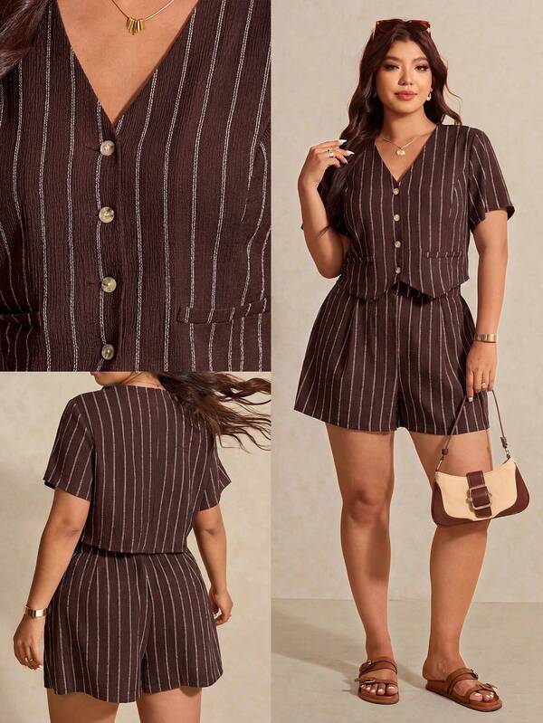 Elaquor Conjunto de 2 piezas de camisa a rayas y pantalones cortos de talla grande para uso casual y de viaje en verano