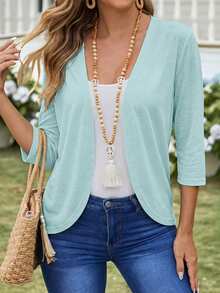 EMERY ROSE Women's Solid Color 3/4 Sleeve Casual Open Front Lightweight Jacket Summer Cardigan For Women Sage Green Top Open Front Top Summer Casual Tops - Green - View 1