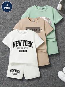 3 sets/6 piezas Conjunto de camiseta de manga corta con estampado de eslogan y pantalones cortos casuales para niños, adecuado para uso diario, vacaciones, deportes, verano - Multicolor - Ver 8