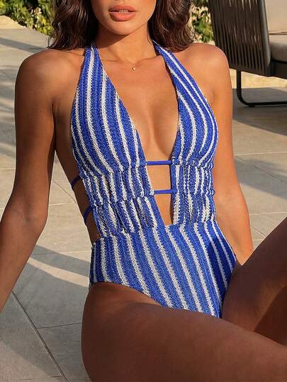 Swim SXY Blue Striped Jacquard Fabric Deep V Backless Drawstring Casual Beach Bikini One-Piece Swimsuit For Women