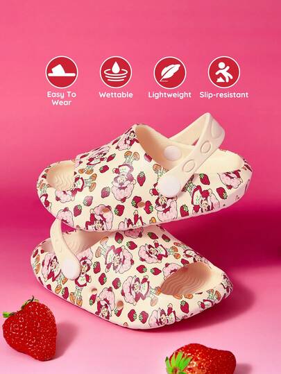 Strawberry Shortcake X SHEIN Girls' Cute Cartoon Strawberry Print Children's Slippers, Toddlers And Children's Quick-Drying Shower Slide Slippers, Made Of Lightweight And Durable EVA Material, Suitable For Indoor, Bathroom, Playground, Swimming Pool, Beach And Other Places, Is The Ideal Choice For Indoor Shower Slide Slippers Sandals And Outdoor Wear.
