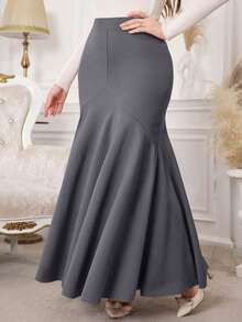 Modelyn Falda de unicolor con cintura alta y dobladillo de sirena para mujer de talla grande - Gris Oscuro - Ver 7
