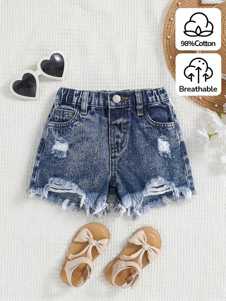 SHEIN Celana Pendek Jeans Gaya Boho Musim Semi/Panas Y2K untuk Anak Perempuan, Celana Pendek Denim Kasual dengan Efek Lusuh dan Pudar - Dark Wash - View 1