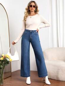 EMERY ROSE Plus Size Women Loose Fit Pockets Wide Leg Casual Jeans - Blue - View 5