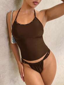 Swim Glamine Conjunto de traje de baño de verano para mujer con parte superior tipo tankini de unicolor con cuello halter y Bottom tipo tankini triangular - Marrón - Ver 6