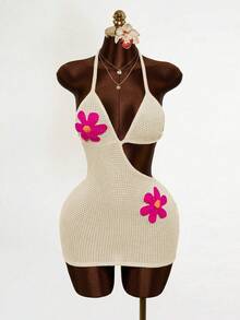 Mistrie Falda corta entallada tipo A con patrones florales, tirantes finos y diseño con espalda descubierta - Albaricoque - Ver 5