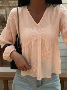 DAZY Women's V-Neck Pleated A-Line Long Sleeve Sequin Elegant Blouse - Pink - View 2