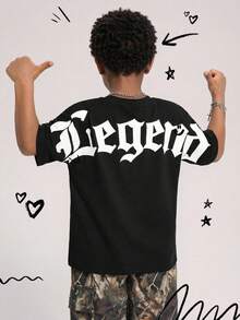 SHEIN 1 pieza Camiseta de punto de manga corta holgada con estampado de letras de grafiti casual para niños preadolescentes, patrón versátil, adecuada para ir a la escuela, uso diario casual, vacaciones, viajes, deportes, y apta para primavera, verano, otoño e invierno. - Negro - Ver 4