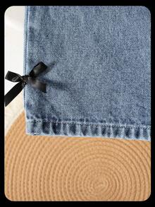 SHEIN Elladie kids Áo thun in nơ cổ tròn đơn giản mùa hè cho bé gái, quần dài cạp chun, quần denim dài, quần dài thắt nơ bên hông, bộ đồ ngọt ngào, thời trang thường ngày - Nhiều màu - Xem 7