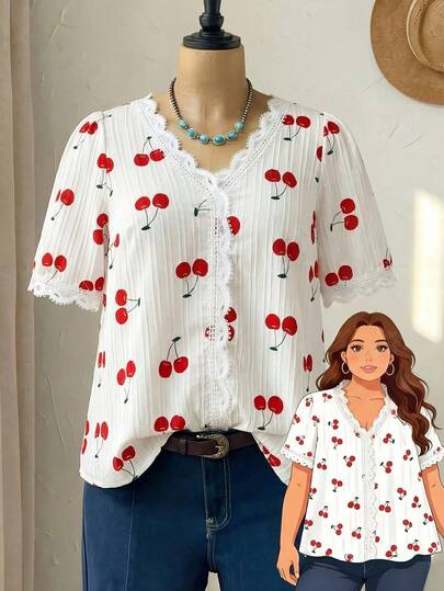 Linhara Áo kiểu mùa hè dáng rộng, in họa tiết quả anh đào và thêu ren, thích hợp mặc thường ngày hoặc dự tiệc.