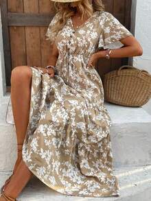 Breezaya Floral Print Knot Front Ruffle Hem Dress Maxi Vacation Beach Outfits Women - Khaki - View 4