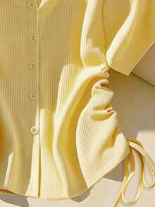 Franclia 女式纯色 V 领短袖抽绳单排扣休闲 T 恤，夏季 - 黃色 - 查看 3