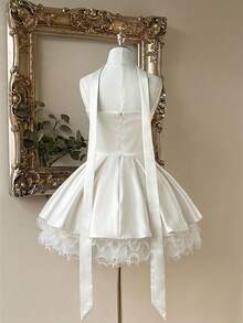 Lovelzi Đầm ngắn dáng chữ A hai lớp, màu kem Pháp thanh lịch, chất liệu satin, cổ ren, thích hợp cho tiệc tùng, dạ hội, công sở, dự tiệc, hoặc đầm dự tiệc bằng vải lưới. - trắng - Xem 2