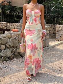 Aloruh Vestido largo de tirantes con pliegues y estampado floral para vacaciones y citas - Multicolor - Ver 4