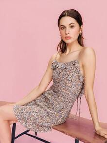 lacRébo 印花中长连衣裙，荷叶边细节，露背设计，春夏可爱度假连衣裙，法式巴黎风情假日连衣裙 - 彩色 - 查看 8