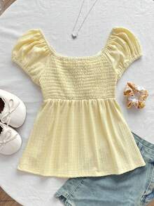 SHEIN Áo len chui đầu dệt kim jacquard thoải mái, kiểu dáng cổ điển cho bé gái tuổi teen, áo kiểu thắt nơ viền ren tương phản, màu vàng nhạt/vàng chanh. - Màu vàng - Xem 3
