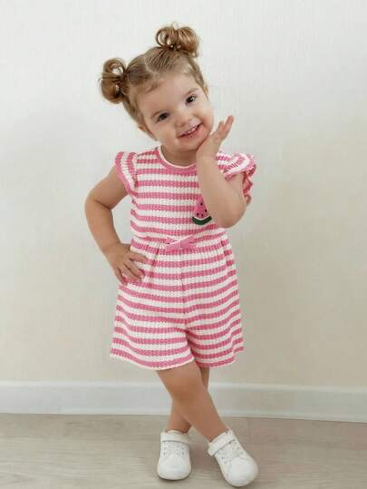 SHEIN Playful Pals Baby Girls' Casual Striped Watermelon Romper, Spring/Summer