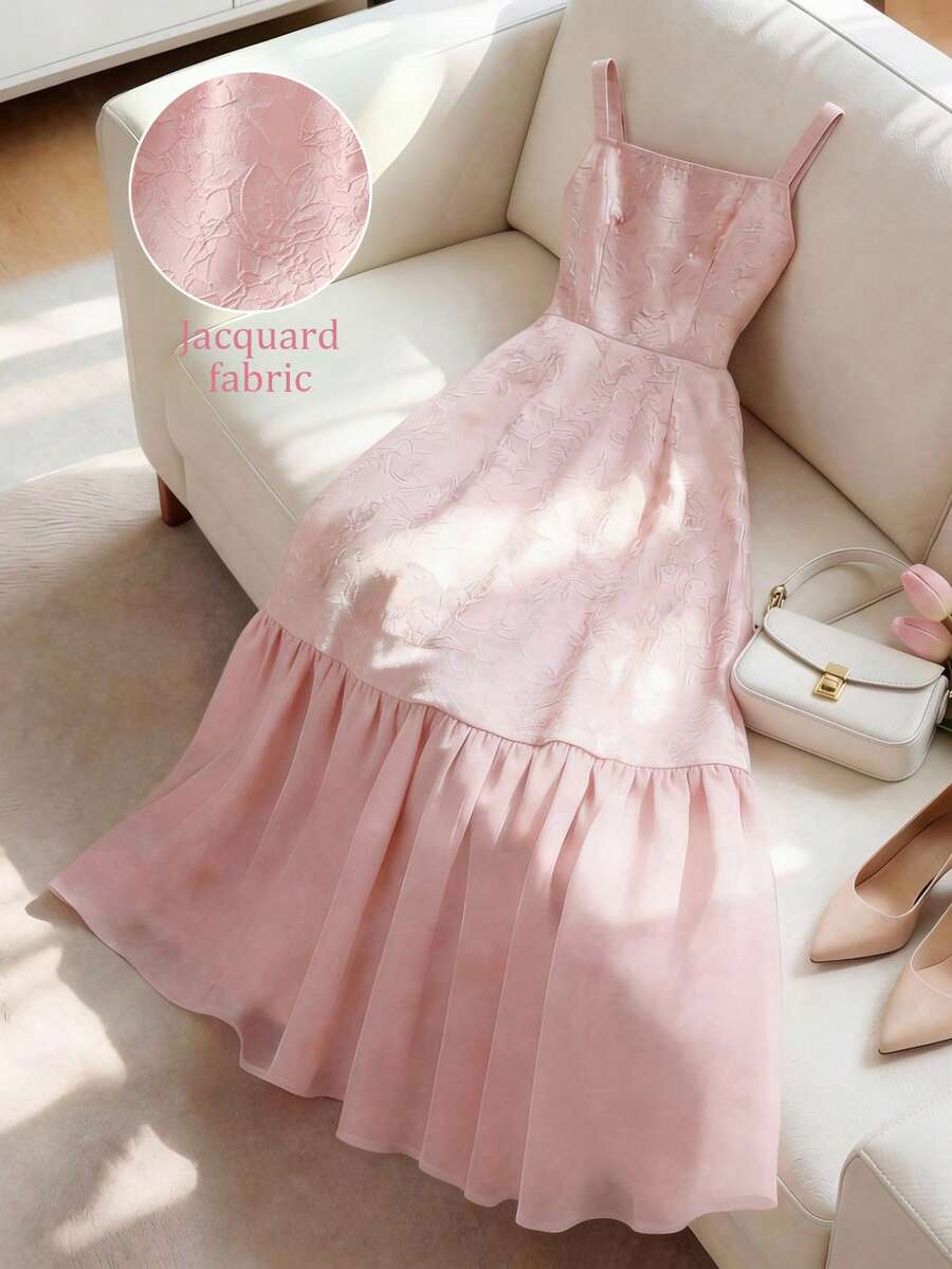 EMERY ROSE Đầm kiểu Pháp thanh lịch cổ vuông, dây mảnh, màu hồng, chất liệu jacquard, thích hợp cho kỳ nghỉ hè ở vùng quê, làm từ vải chiffon. - Hồng - Xem 1