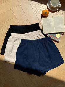 Comfortcana 3pcs Women's New Fashion Multi-Color Linen Shorts - Navy Blue - View 3