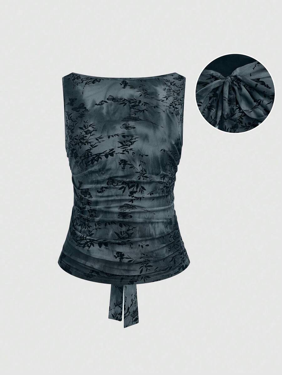 Sweetra Áo camisole xếp ly in hoa thời trang dành cho nữ cỡ lớn - màu đen - Xem 1