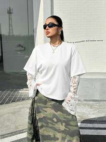 SHEIN EZwear 大码女式白色撞色蕾丝二合一T恤 - 白色 - 查看 5
