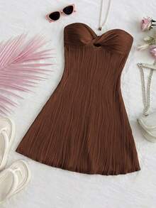 Soleia Women's Coffee Brown Summer Mini Dress,Seksi Chic Wavy Texture Fabric Bandeau Twist Hollow A-Line Ruffle Hem Night Out Vacation Party Beach Outfit - Coffee Brown - View 4