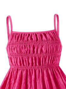 SHEIN Sparklyn Tween Girls' Casual Sweet Hot Pink Summer Tropical Vacation Holiday Textured Bubble Crinkle Fabric Camisole Top & Loose Wide Leg Pants 2 Pieces Set - Pink - View 6