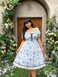 Lyrianda Plus Size Romantic Square Neck Waist Cinched A-Line Dress - Multicolor - View 1