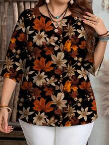 Mellowie 大码女式休闲复古枫叶印花衬衫，适合夏季 - 彩色 - 查看 3