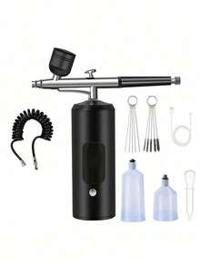LCD Airbrush Kit, Includes Air Compressor, 3-Speed Wireless Airbrush Gun With Hose, 38PSI Portable Airbrush Suitable For Painting, Hairstyling, Model Making, Cake Decorating And More - Black - View 2