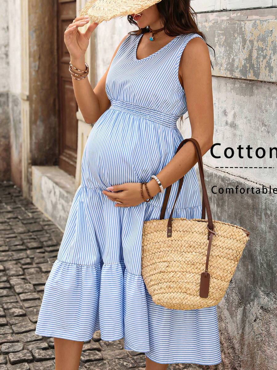 Boho Mama 孕妇休闲度假风蓝白条纹荷叶边无袖连衣裙 - 藍色 - 查看 1