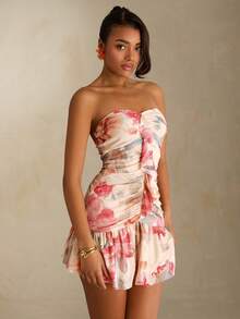 SHEIN Glamour Đầm nữ họa tiết pop, lưới in hoa, kiểu corset gợi cảm. Đầm ngắn thời trang và thanh lịch. - Màu be - Xem 4